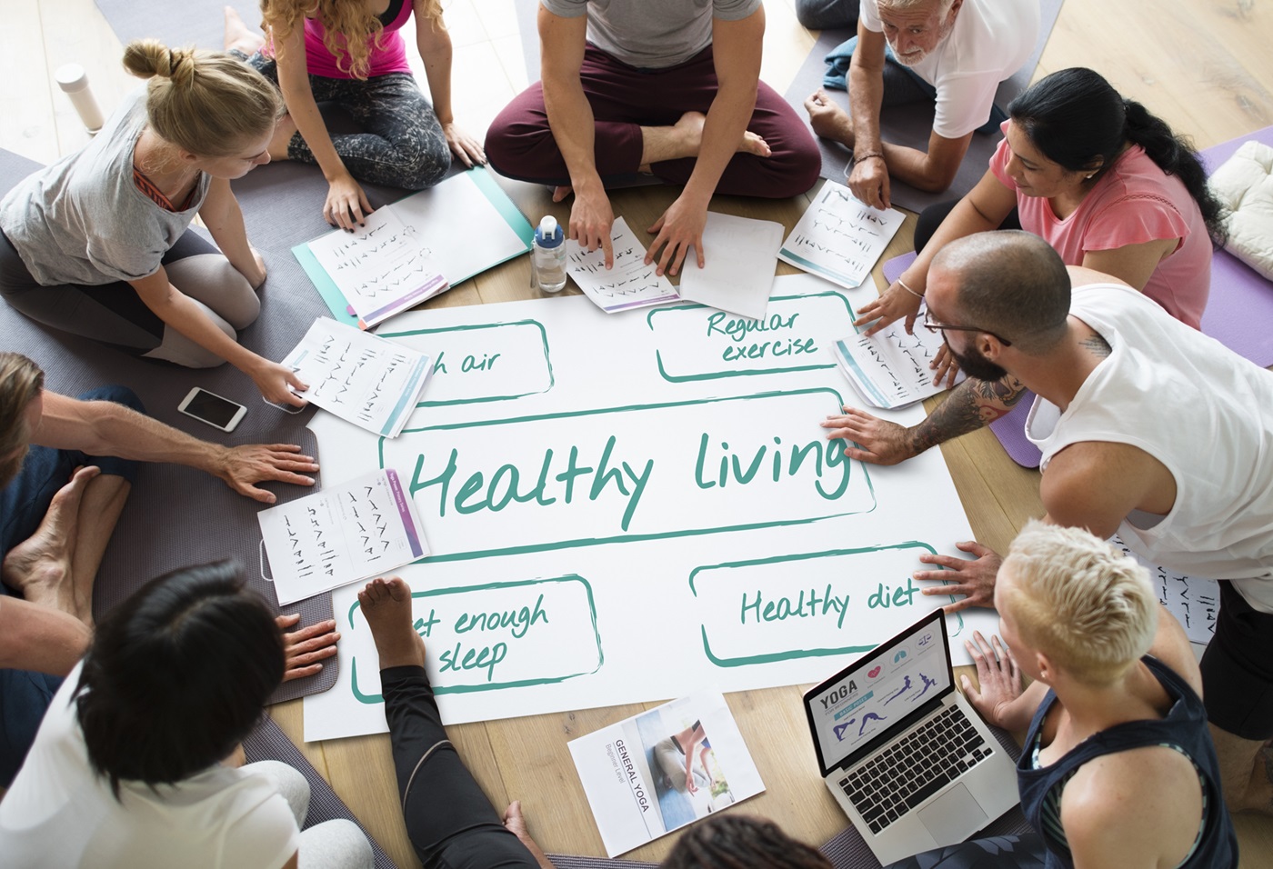 Group brainstorming healthy living tips.